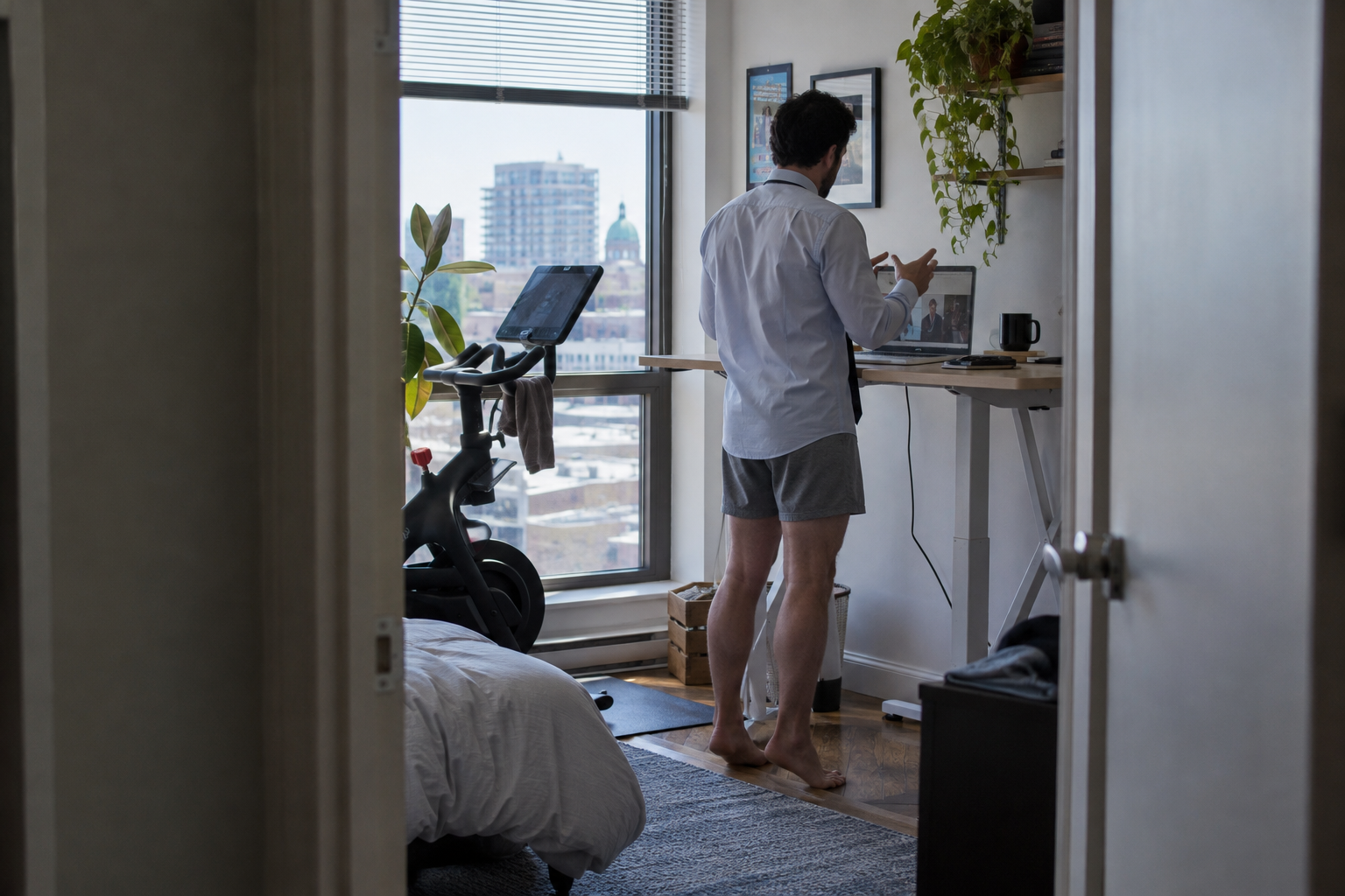 A man in a business shirt and loose boxers rises onto his toes during a call at a standing desk.